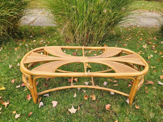 Vintage MCM Coastal Palm Pencil Reed Bamboo Glass Top Coffee Table
