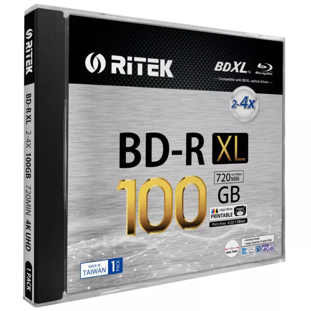 Ritek BD-R XL BDXL 4X 100GB Archival 3-Layer White Inkjet Printable Blank Disc