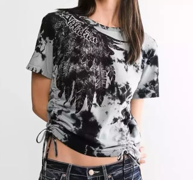 Affliction Women's SOUTH Short Sleeve Rouched Tie Sides T-Shirt SMALL NWT