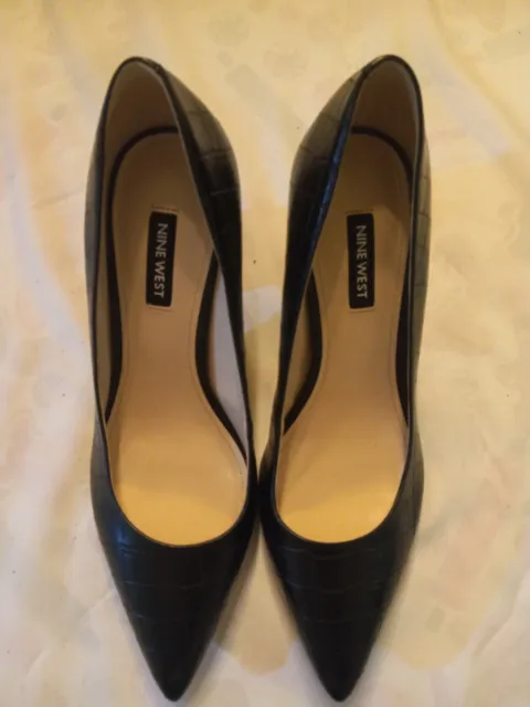 Nine West Women's Cara Black Dress Pointed Toe Leather Pumps Block Heel SZ 8.5M