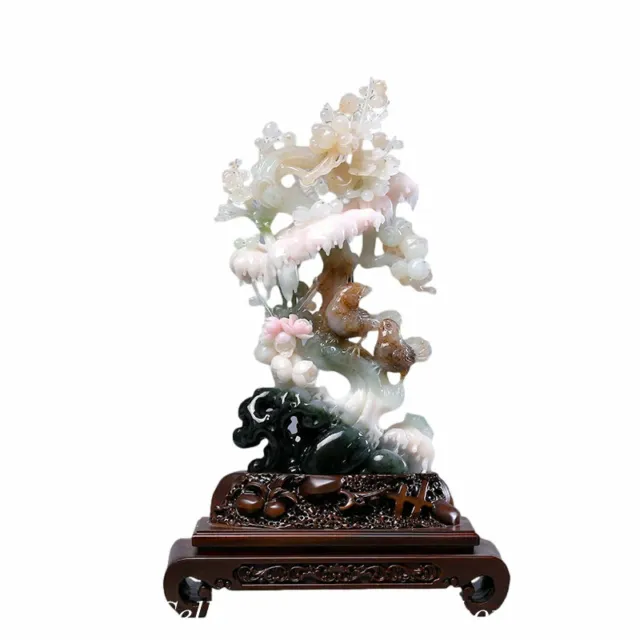 11.2" Top Chinese Natural Pink Dushan Jade Hand Carved Plum blossom Bird Snow