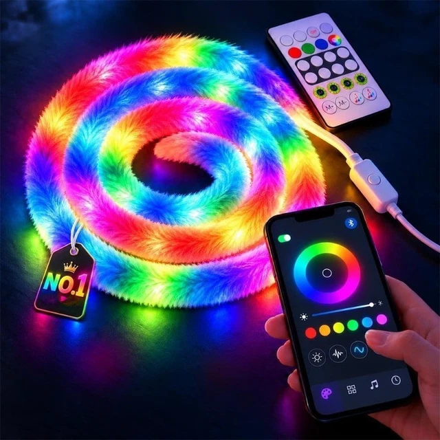 FAUX FUR NEON Light Strip 360° All-round Glow Plush USB RGB Room Decor ...