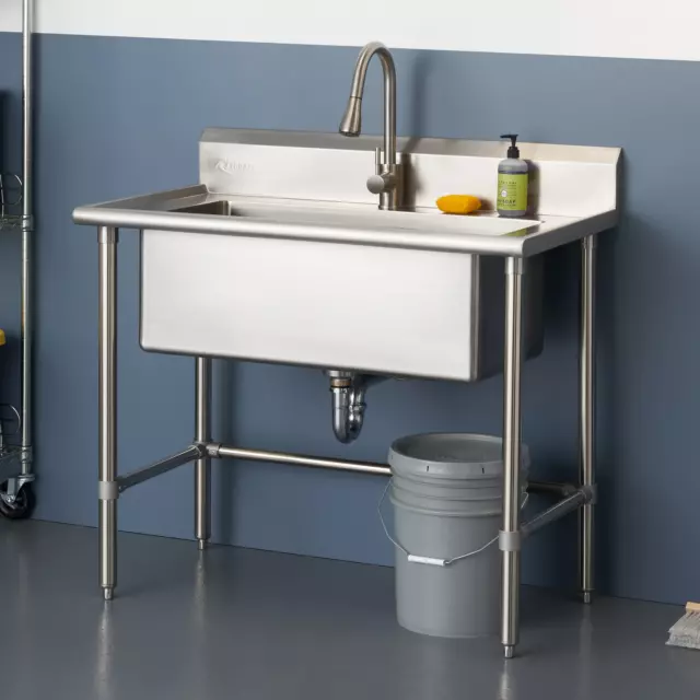 Trinity Stainless Steel Utility Sink 32" x 16" Pull-Out Faucet, Garage, Laundry