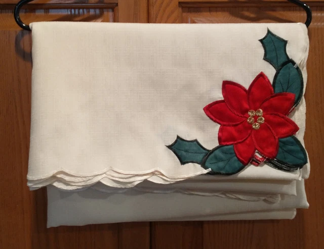 Christmas Rectangular Cream Tablecloth with Poinsettia Appliques 60 x 83"