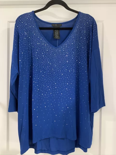 Design History Women's Missy Blouse Tunic Beaded 3/4 Sleeve - Blue - 2Xl - Nwt