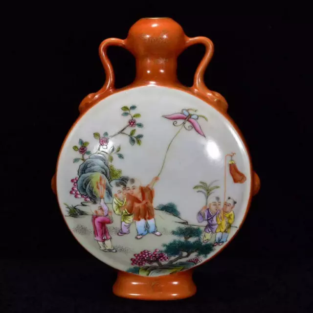 Chinese Antique Qing Dynasty QianLong Alum red Porcelain Figure Flat Vase