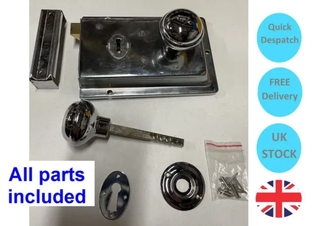 Rim Sash Lock & Door Knob Set/Pack  Brass, Chrome, Satin 6x4" +42mm Metal Knobs