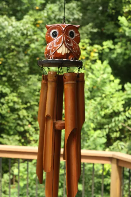 Handmade Wood Speak No Evil Owl Bamboo Wind Chime Wood Hoot Patio Garden Outdoor