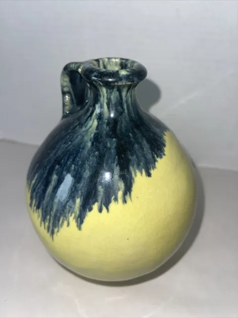 Studio Art Pottery Drip Glaze Vase Yellow Blue Running Handcrafted 6.25” Signed