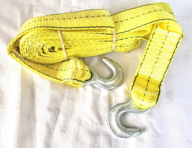 20' Heavy Duty Tow Strap w Hooks 10,000 Lb Capacity 2" Wide Yellow Rope Towing