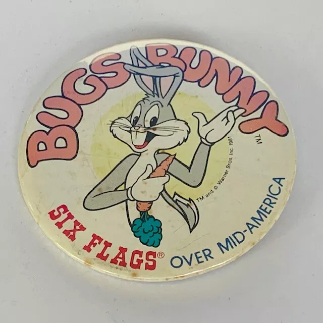Bugs Bunny pinback button pin 1981 six 6 flags over mid-america looney tunes vtg