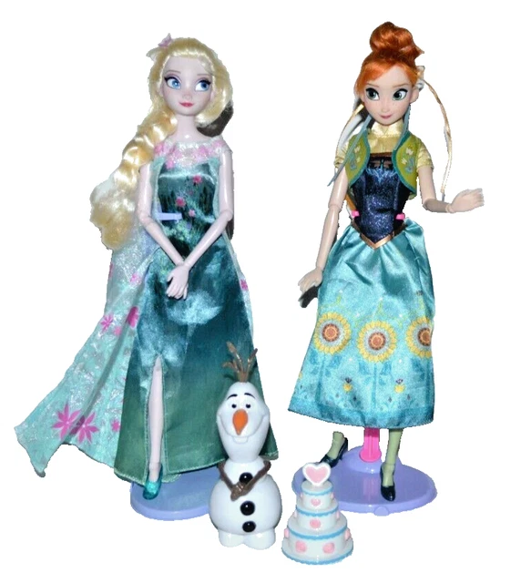 Disney Store Frozen Fever Dolls Anna & Elsa Birthday Gift Olaf Snowman Cake