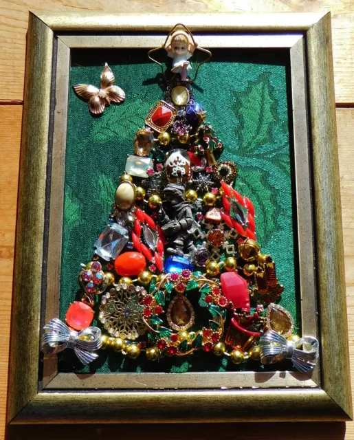 Vintage Jewelry Art, Christmas Tree, "Christmas Star", Signed and Framed
