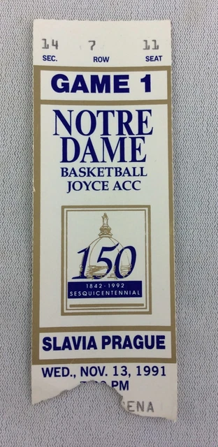 1991 11/13 Slavia Prague at Notre Dame Basketball Ticket Stub - Seat 11