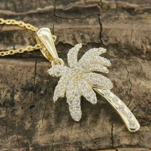Women's Lab created Diamond Palm Tree Pendant 14k Yellow Gold Plated Free Chain