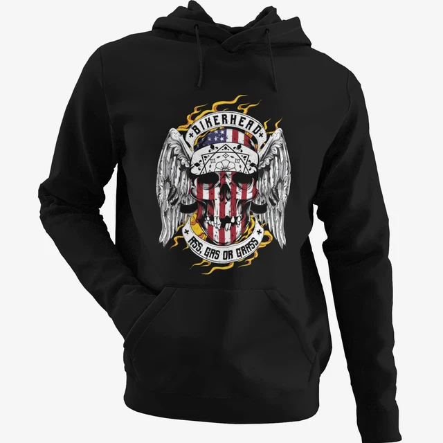 Felpa con cappuccio testa biker bambini bandiera USA teschio moto