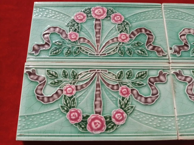 4 Piece Art Deco Small Floral Design Majolica Ceramic Tiles Japan 0297 6