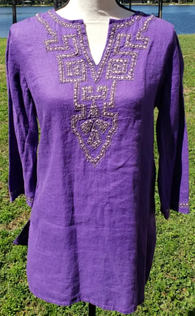 Chico's 0/Sm 100% Linen Purple Splendor Kiera Tunic Top 3/4 slv. Crocus NWT $119