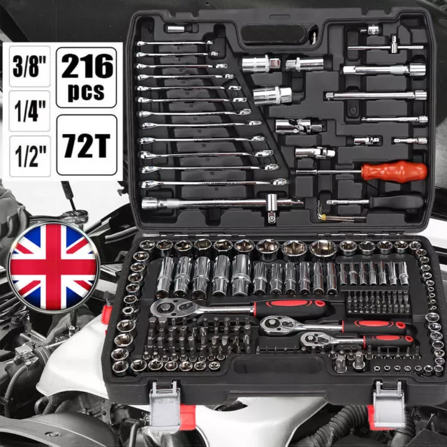 Professional 216 Pcs Ratchet Socket Set 1/2" 1/4" 3/8" Tool Kit Toolbox Garage