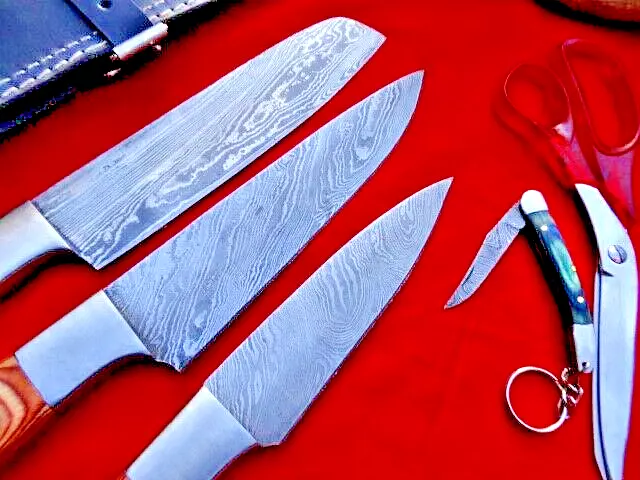 3 x Handmade Damascus Steel Kitchen Chef Knife & Hunting in LEATHER ROLL+FREE... 3