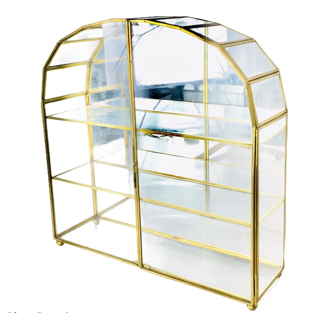 Vintage Brass Glass Mirrored Curio Cabinet Double Door Display Case 13.5"X13.5"