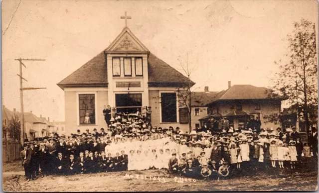 RP Postcard Children Students Outside Church School Building Possibly Michigan