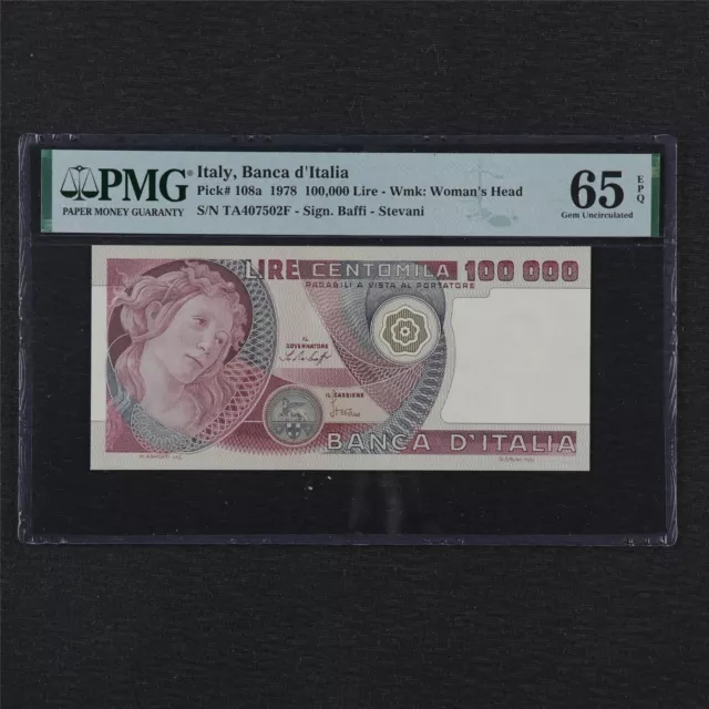 1978 Italy Banca d Italia 100000 Lire Pick#108a PMG 65 EPQ Gem UNC