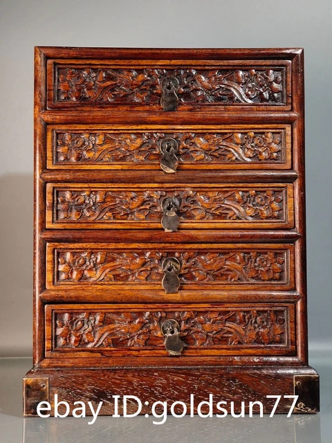 11.1”Old Chinese Huanghuali Wood  relief flowers birds pattern drawer cabinet