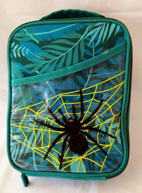 Bolsa sándwich para niños con motivo de araña. Manija de transporte, manga de etiqueta con nombre. Usado.