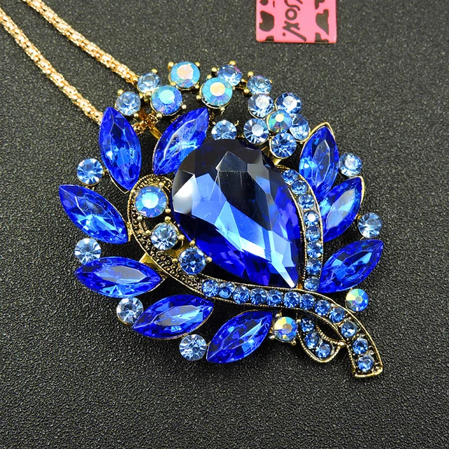 New Blue Rhinestone Bling Flower Crystal Pendant Betsey Johnson Chain Necklace 2