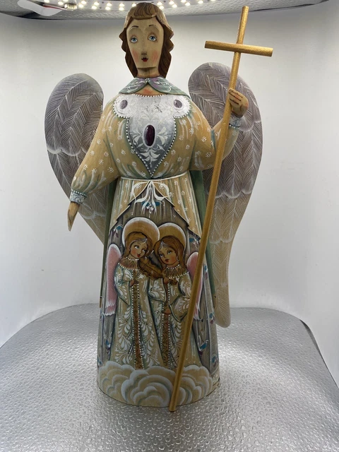 Russian Folk Art Hand Carved Hand Painted Signed Wooden Angel Removable Wings