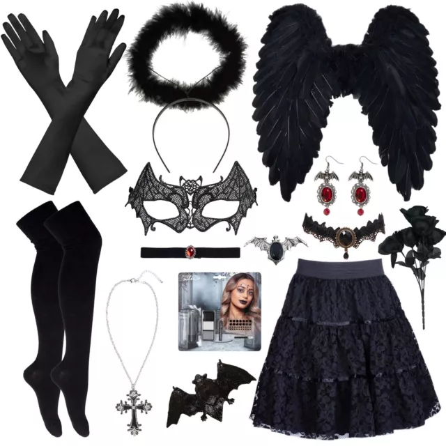 Schwarzer Engel Accessoires Halloween Flügel Heiligenschein Kostüm schwarz