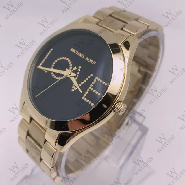 New Michael Kors MK3803 Slim Runway Black Dial Gold Bracelet Women's Watch