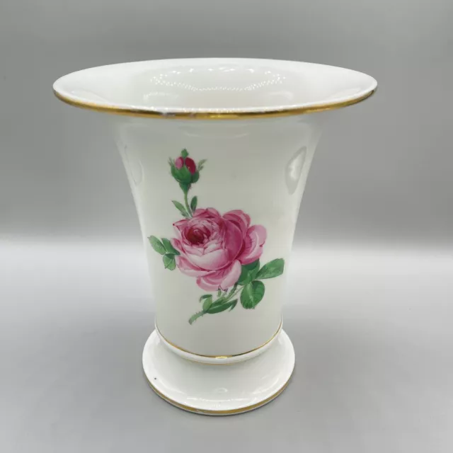 Antique Signed Meissen Porcelain Trumpet Vase Pink Roses Gilded Bands 7.5" Rare