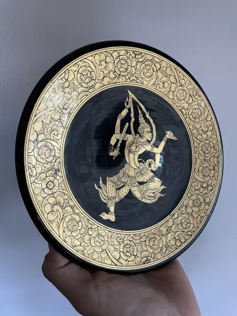 Vintage Thai Burmese Gilt Gold Lacquer Plate 4 Handed Dancer Warrior Art NICE
