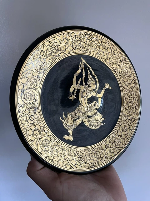 Vintage Thai Burmese Gilt Gold Lacquer Plate 4 Handed Dancer Warrior Art NICE
