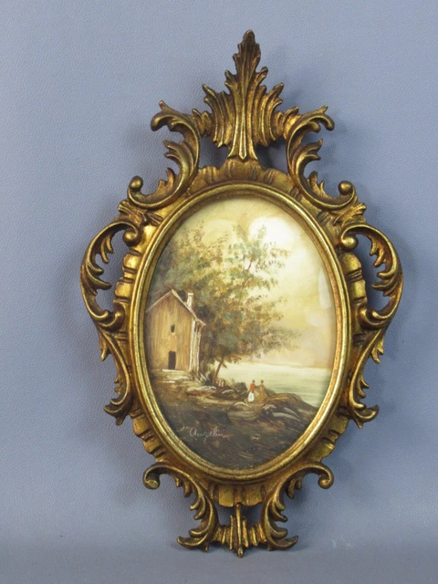 Imagen Paisaje Pintado Oval Angelina Vintage Años 60 Marco de La Madera Dorado