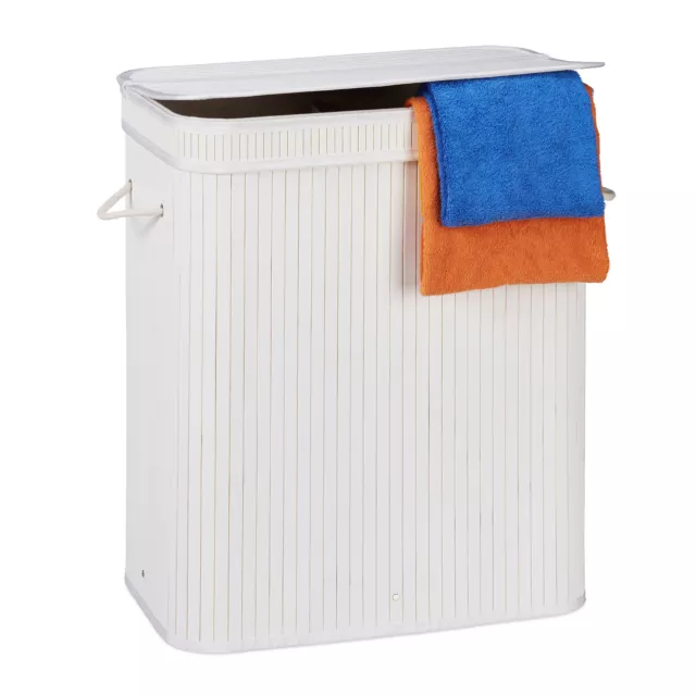 1x Panier à linge couvercle 2 compartiments corbeille bambou coffre blanc