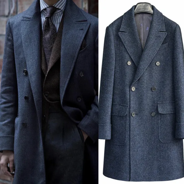 Men's Blue Herringbone Overcoat Winter Outwear Long Double Breasted Suit Jacket