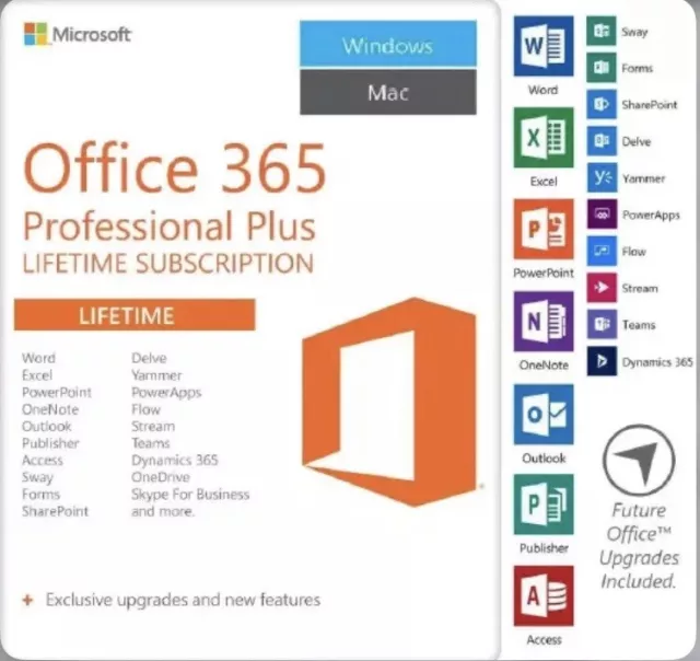 Microsoft Office 365 Professional Pro Plus 5 Device 1 Time Payment, Lifetime