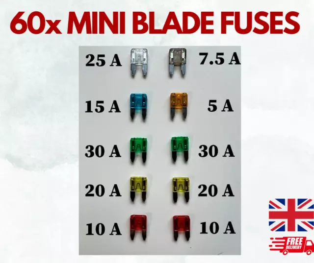 60x Mini Blade Fuses Assorted Car AUTO Van Bike Fuse Set 5 7.5 10 15 20 25 30AMP