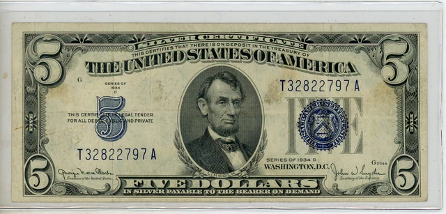 1934 D - 5 Dollar Blue Seal Silver Certificate United States Note - 2357