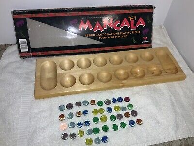 Mancala African Stone Game Wooden Board with 43 Glass Stones