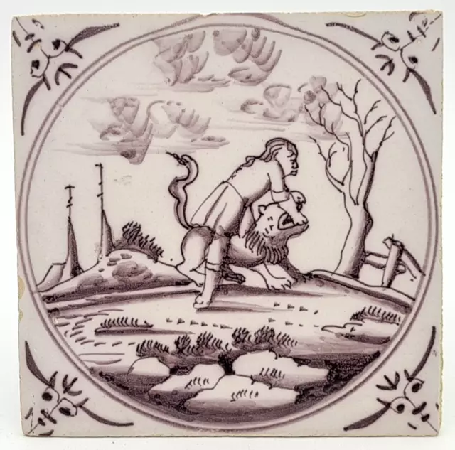 Antique 18th Century Dutch Delft Manganese Tile Biblical Scene AE7