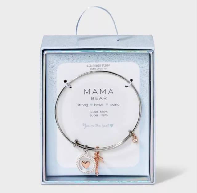 Mama Bear Charm Bracelet Gift Gold Silver Mother CZ NWT Steel Continuous Love