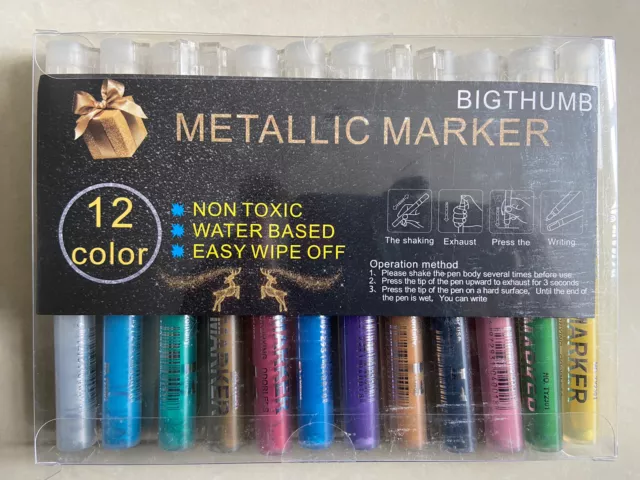 12 Glitter Metallic Paint Marker Pens Set Permanent For Stone Glass Metal Fabric