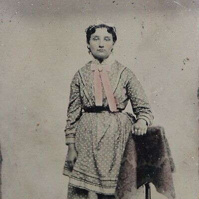 Antique 1860's Tintype Photograph Pretty Young Woman Civil War Era Dress Tinted