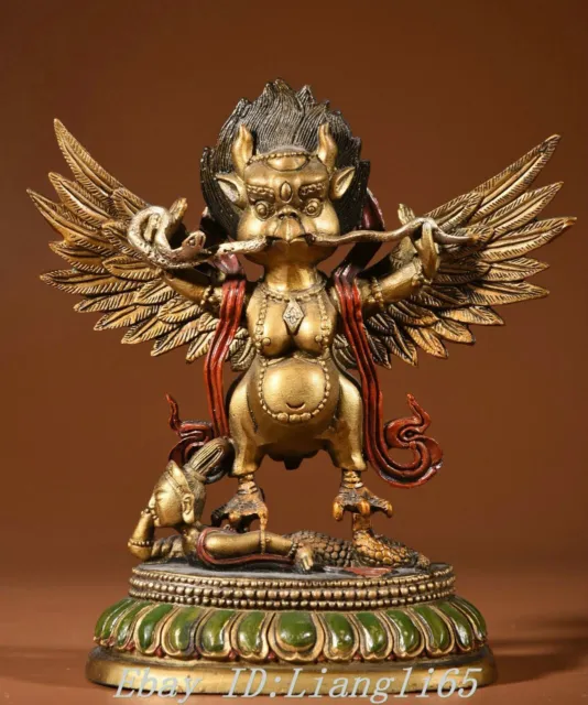 Tibetische Bronze Malerei Gilt Redpoll Winged Garuda Vogel Adler Buddha Statue