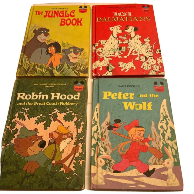 Lot 4 Vtg Books 1974 Walt Disney Dalmatians Jungle Book Peter & Wolf Robin Hood
