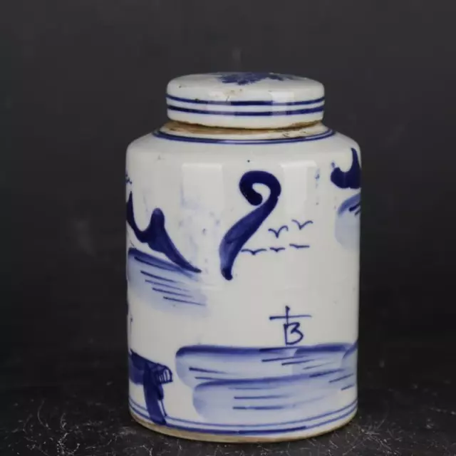 Chinese Blue and White Porcelain Qing Kangxi Landscap Pattern Pot Tea Caddy 5.0" 3